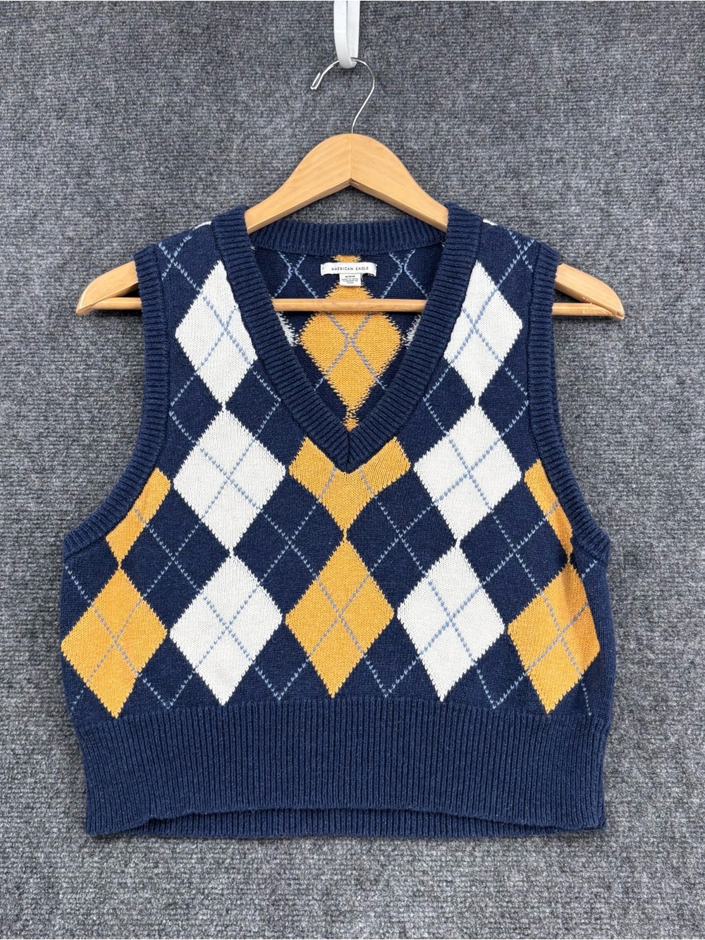 American Eagle Blue Yellow Argyle Sweater Vest Kawaii School Girl Preppy Size M